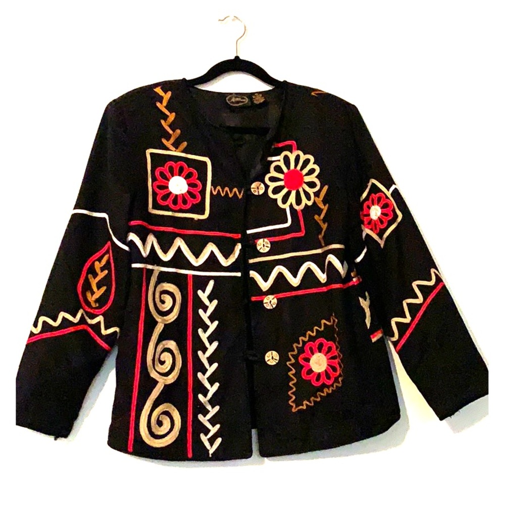 Vintage Allure Embroidered Blazer Black Red Tan